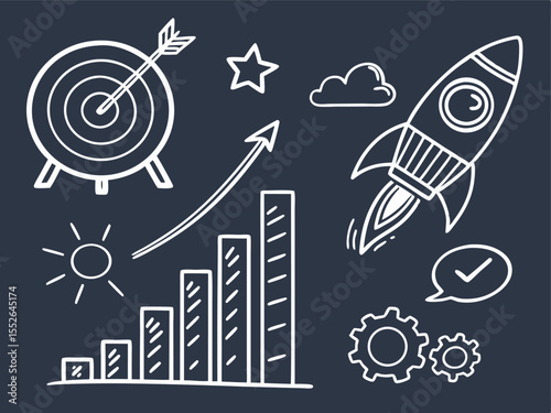 Business money sketch idea icon set. Hand drawn sketch elements for startup, project, goal and teamwork. Business graphic chart, rocket, growth marketing concept in chalkboard.banking, concepts, 