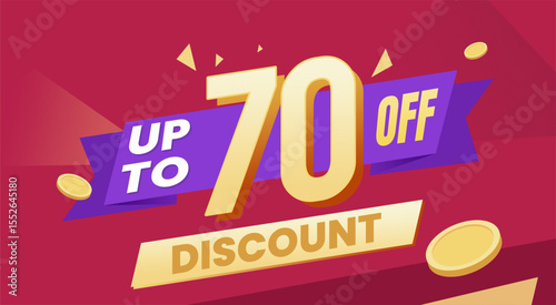 Eye catching discount promotional banner with dynamic typography, purple ribbon, and scattered golden coins on a vibrant red background.