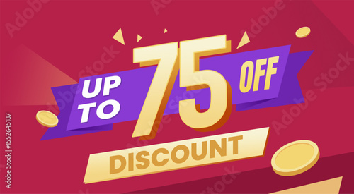 Eye catching discount promotional banner with dynamic typography, purple ribbon, and scattered golden coins on a vibrant red background.