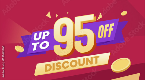 Eye catching discount promotional banner with dynamic typography, purple ribbon, and scattered golden coins on a vibrant red background.