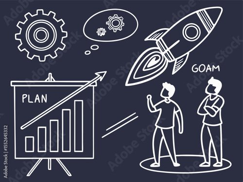 Business money sketch idea icon set. Hand drawn sketch elements for startup, project, goal and teamwork. Business graphic chart, rocket, growth marketing concept in chalkboard.banking, concepts, 