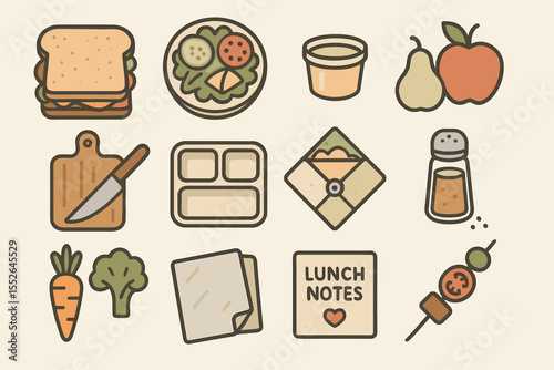 Assorted lunch items and utensils: sandwich, vegetables, fruits, and accessories illustrated
