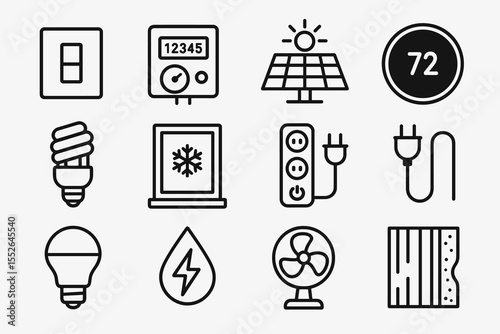 Energy and climate control icons: light, solar panel, thermostat, fan, plug, electricity