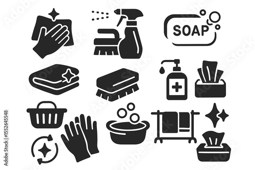 Cleaning essential icons - hands, soap, towels, brushes, gloves, sanitizer, bubbles