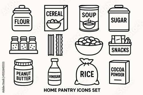 Home pantry essentials icons: flour, cereal, soup, sugar, peanut butter, rice, cocoa