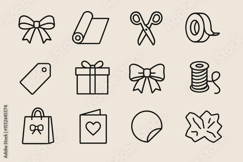Gift wrapping elements: bows, scissors, tags, and more in line art style