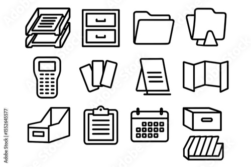 Black and white office icons: documents, calendar, files, and organizers