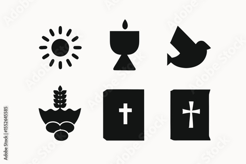 Christian Religious Symbols Sun, Dove, Chalice, Wheat, Bible Icons