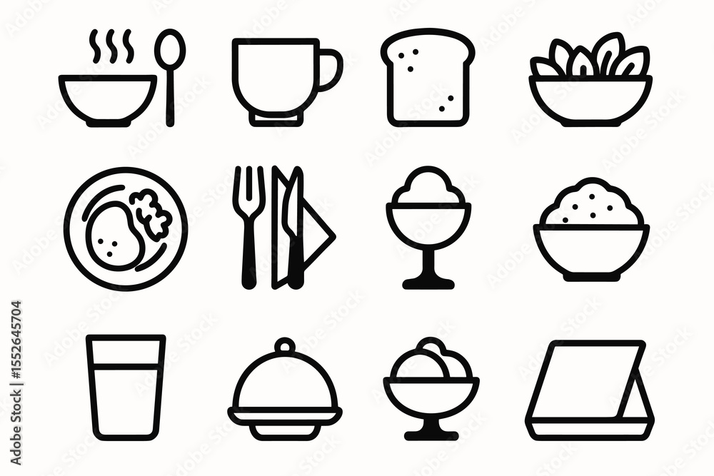 Minimalist food icons: soup, bread, salad, breakfast, dessert, beverage, utensils Minimalist food icons: soup, bread, salad, breakfast, dessert, beverage, utensils