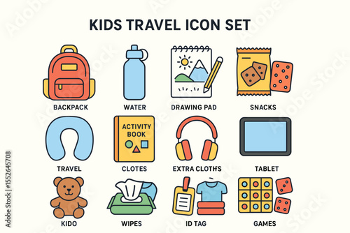 Kids travel icon set featuring backpack, snacks, and tablet essentials