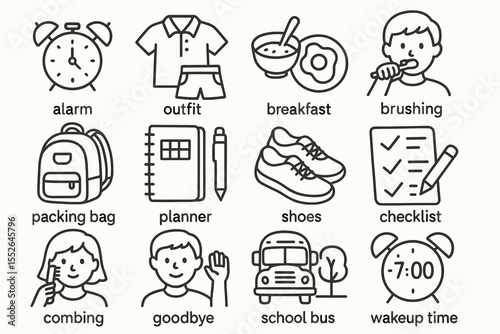 Morning routine for young caucasian children: alarm, outfit, breakfast, brushing, school prep