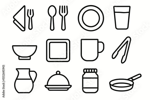 Kitchen utensils and dishware icons: fork, spoon, plate, glass, mug, pan