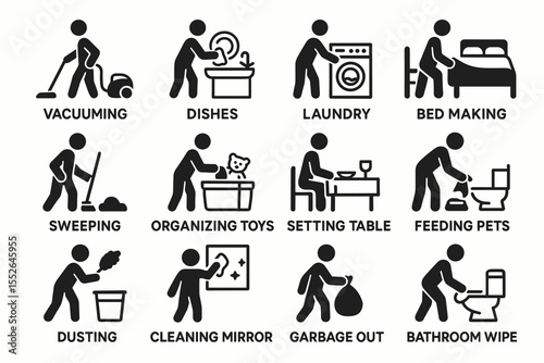 Chore icons set: vacuuming, dishes, laundry, bed making, sweeping, organizing, feeding, dusting