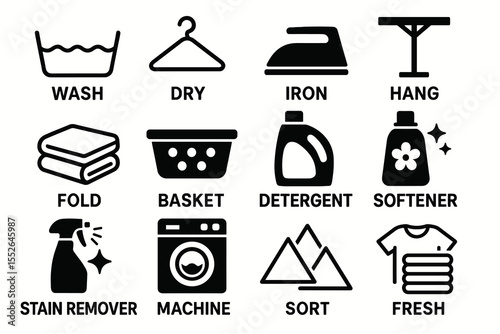 Laundry symbols: wash, dry, iron, hang, fold, basket, detergent, softener, stain remover, machine, sort, fresh