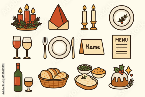 Holiday dinner icons: candles, food, and festive table setting illustrations