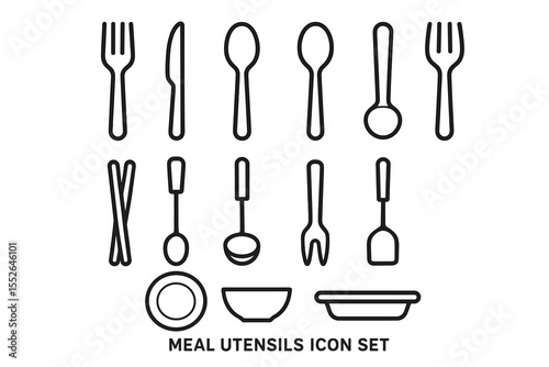 Meal utensils icon set featuring forks spoons knives plates bowls and more