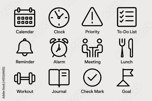 Organizational icons: calendar, clock, priority, to-do, reminder, alarm, meeting, lunch, workout, journal, check, goal