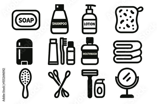 Essential bathroom items: soap, shampoo, lotion, and more illustrated icons
