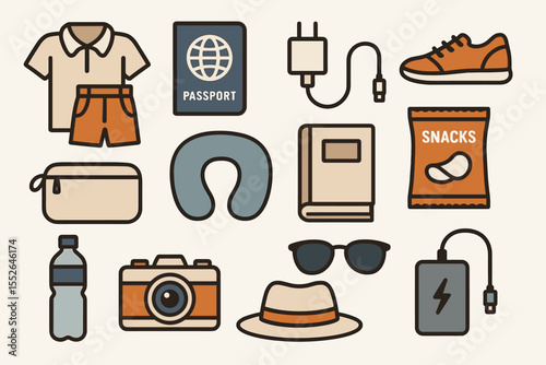 Travel essentials vector: passport, charger, snacks, camera, hat, shoes, sunglasses, bottle, shirt