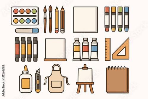 Art supplies: brushes, paints, pencil, canvas, and tools for creative projects
