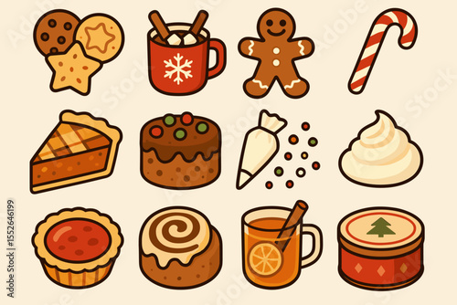 Delicious christmas treats: cookies, hot chocolate, gingerbread, pie, whipped cream, and more