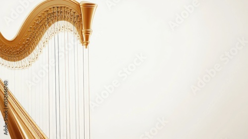 A delicate harp with golden strings, leaving room on the right for text, on a pure white background