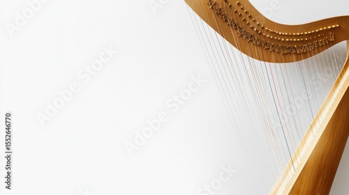 A delicate harp with golden strings, leaving room on the right for text, on a pure white background