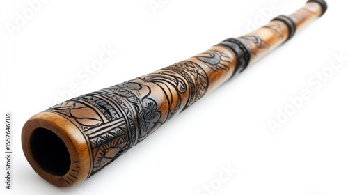 A didgeridoo with intricate designs, ample space for text on the right, against a white background