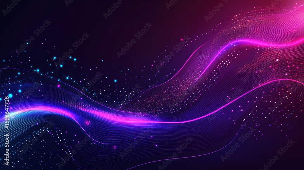 Fototapeta premium A digital-inspired abstract design with glowing grids, circuit patterns, and neon elements in shades of purple, pink, and blue, on a dark backdrop