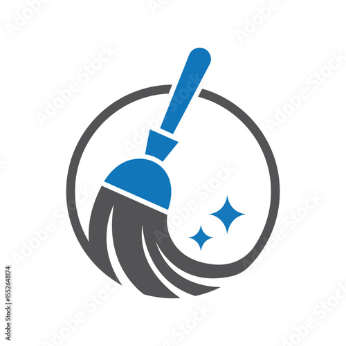Modern Broom Cleaning Icon with Sparkles Professional Housekeeping Service Logo
