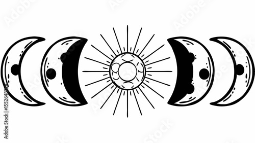 Illustration of sun with rays and crescent moon phases in black and white design format created with generated ai