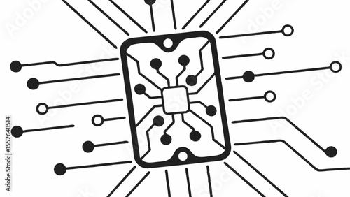 Illustration of a central processing unit with connected nodes and radiating lines design element created with generated ai
