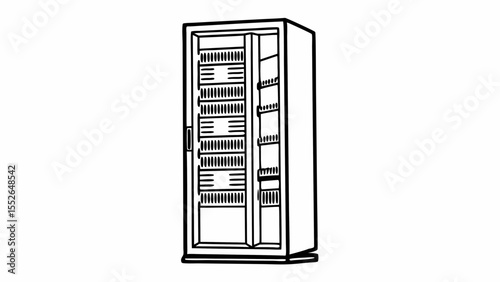 Illustration of an open server rack cabinet with multiple shelves and equipment slots in black and white created with generated ai