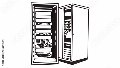 Illustration of two server racks with visible cables and hardware components inside the open cabinet created with generated ai