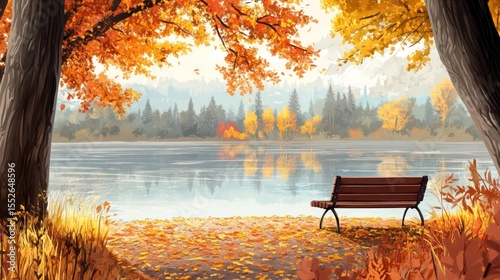 Autumn park with bench near calm lake