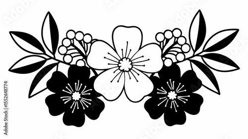 Floral arrangement featuring black and white flowers leaves and berries in a symmetrical design created with generated ai