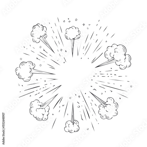 Line speed cartoon effect, boom explosive motion line element set. Comic boom burst, explosive smoke, line speed cartoon vector icon. Hand drawn sketch doodle action effect.exploding, horizontal, 