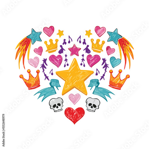 Music sketch heart star vector set. Fun doodle shape with comic crown, skull, fire, heart.doodle, music, fun, design, vector, arrow, brush, bubble, chalk, comic, confetti, crown, cut out, fire,