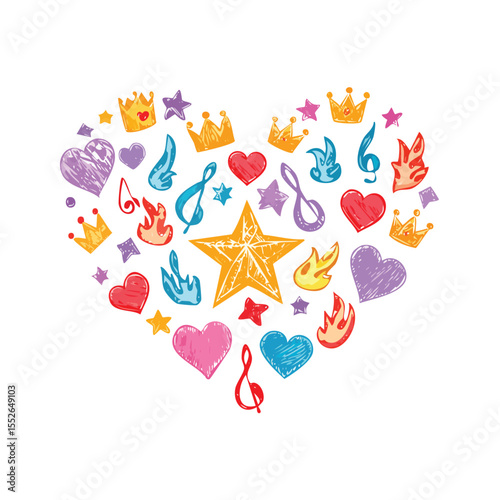 Music sketch heart star vector set. Fun doodle shape with comic crown, skull, fire, heart.doodle, music, fun, design, vector, arrow, brush, bubble, chalk, comic, confetti, crown, cut out, fire,