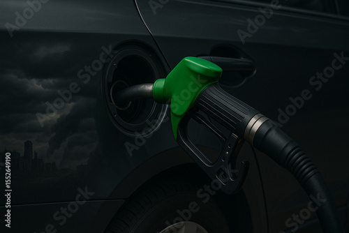 Oil Prices and Energy Bills - A green fuel nozzle in a car tank reflects war zones and storm clouds, showcasing a stark contrast and a symbolic editorial concept.