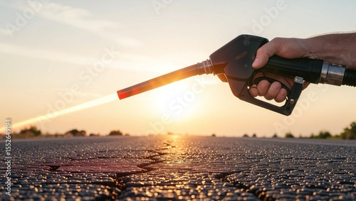 Oil Prices and Energy Bills - Fuel nozzle glowing red-hot as a warning, set against a backdrop of heat distortion and a broken road, capturing industrial danger and intensity.
