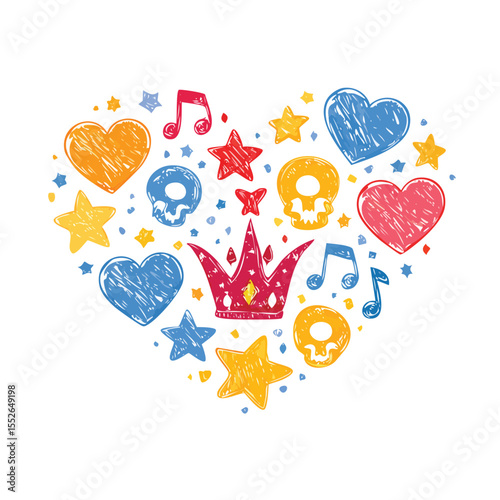 Music sketch heart star vector set. Fun doodle shape with comic crown, skull, fire, heart.doodle, music, fun, design, vector, arrow, brush, bubble, chalk, comic, confetti, crown, cut out, fire,