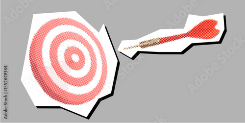 Dart and target dotted collage element in a torn paper vector, created with pointillism. A dynamic, artistic depiction for accuracy, precision, goals, or achievement concepts in a unique style.