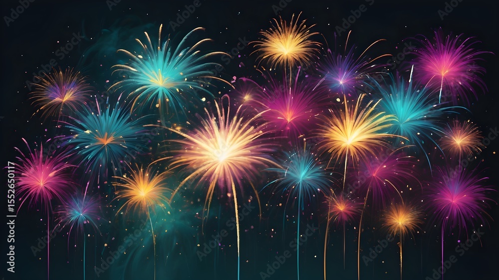 Naklejka premium A vibrant display of fireworks and colorful lights in the sky at night, creating a dazzling atmosphere.