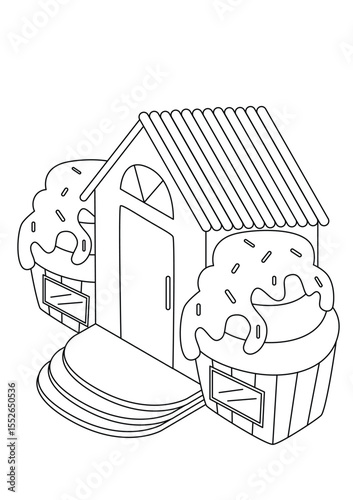 hand drawn vector illustrations Whimsical black and white line art illustration of a charming gingerbread house, perfect for coloring books and creative projects. This delightful candy house design	
