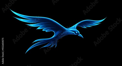  A stylized blue brushstroke resembling a bird in flight, fluid and aerodynamic, with glossy highlights and dynamic curves, on a pure black canvas. Futuristic digital art style