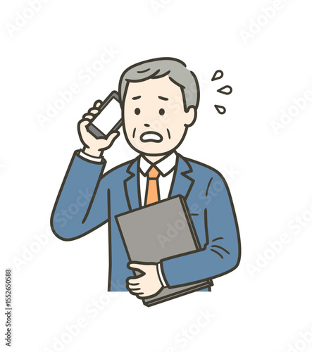 仕事が忙しく焦る高齢男性の上半身イラスト
