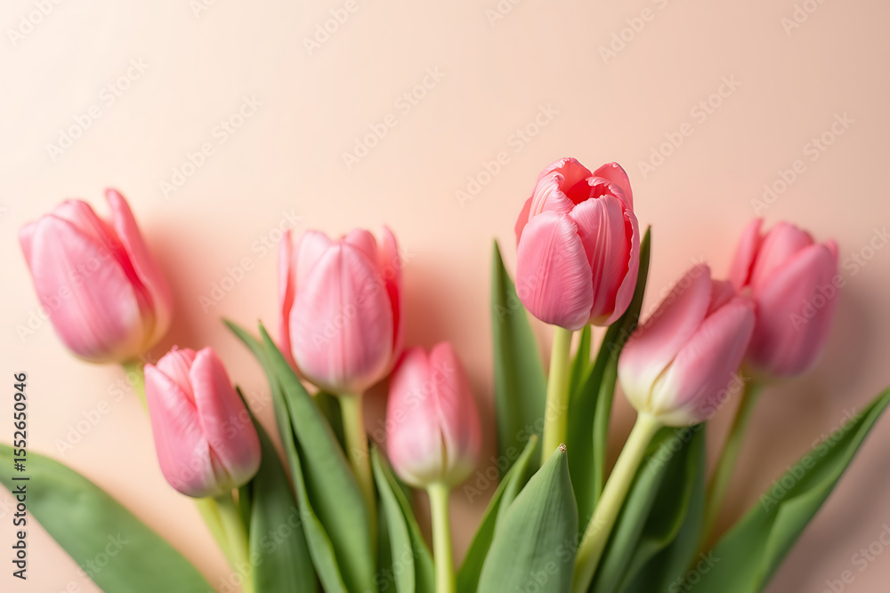Fototapeta premium Tulips leaning top-left with petals fading into mauve and cream tones. AI-generated