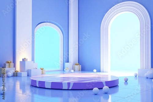 blue room with a round table in the middle of it