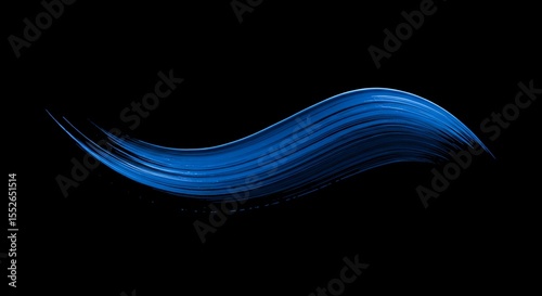  Smooth, high-gloss blue brushstroke shaped like a wave or stylized feather, stretching diagonally with fine tips and a sense of motion, floating over a matte black background